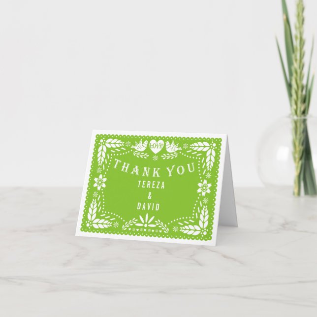 Papel picado love birds green wedding Thank You (Front)