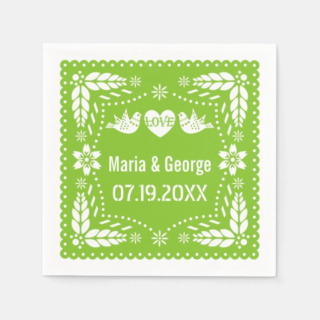 Papel picado love birds lime green wedding fiesta napkin (Front)