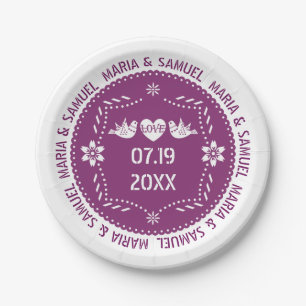 Papel picado love birds purple Mexican wedding Paper Plate