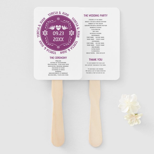 Papel picado love birds purple wedding program hand fan (Front and Back)