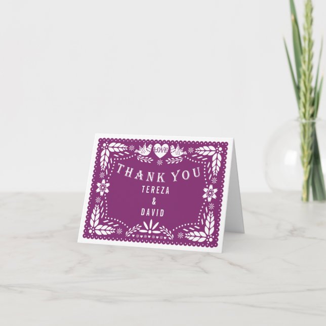 Papel picado love birds purple wedding Thank You Card (Front)
