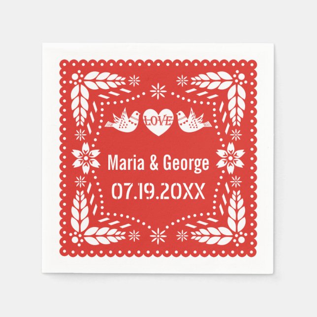 Papel picado love birds red wedding fiesta napkin (Front)