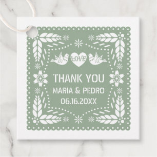 Papel picado love birds sage green wedding fiesta favour tags