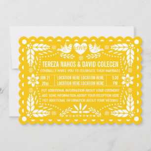 Papel picado love birds yellow fiesta wedding invitation