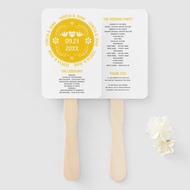 Papel picado love birds yellow wedding program hand fan (Front and Back)