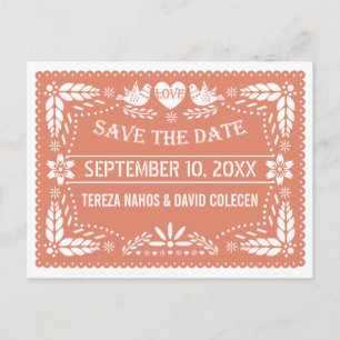 Papel picado lovebirds peach wedding Save the Date Announcement Postcard