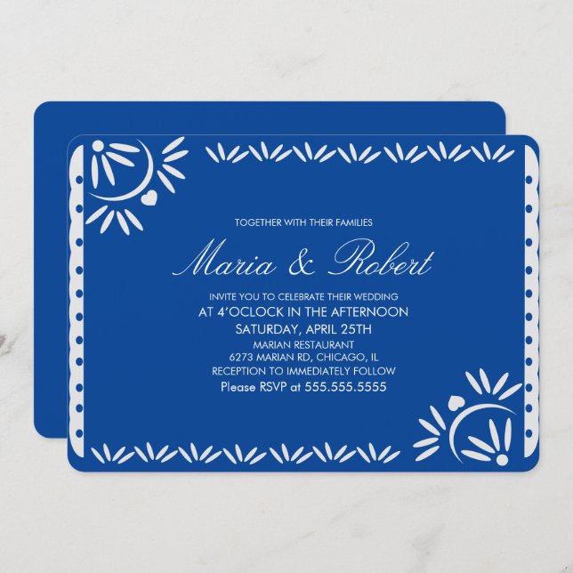 Papel Picado Mexican Botanical Wedding Blue Invitation (Front/Back)