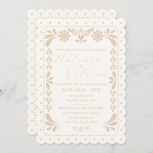 Papel Picado Mexican Neutral Wedding Invitation (Front/Back)