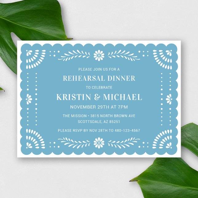 Papel Picado Mexican Rehearsal Dinner Invitation (Modern Papel Picado Rehearsal Dinner Invitation in Sky Blue)
