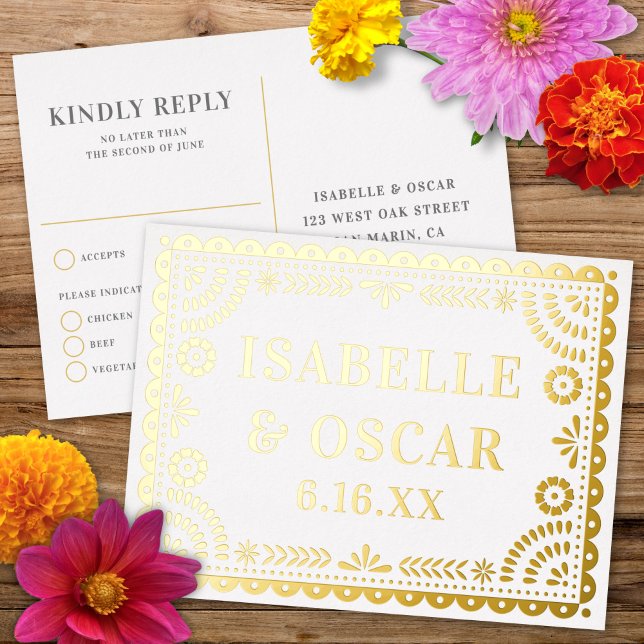 Papel Picado Neutral Foil Wedding Reply RSVP Card (Creator Uploaded)