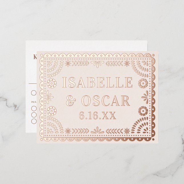 Papel Picado Neutral Foil Wedding Reply RSVP Card (Front/Back)