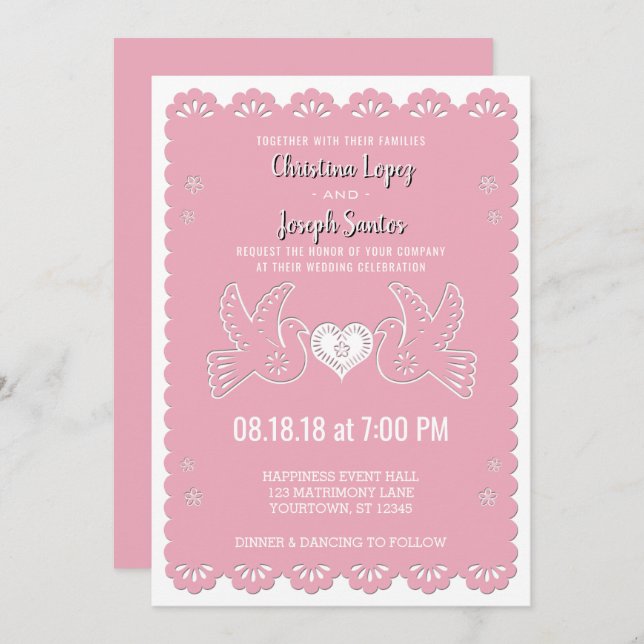 Papel Picado Pink Love Birds Wedding Invitation (Front/Back)