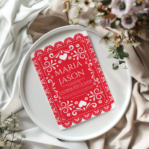 Papel Picado Red White Folk Art Spanish Wedding Invitation