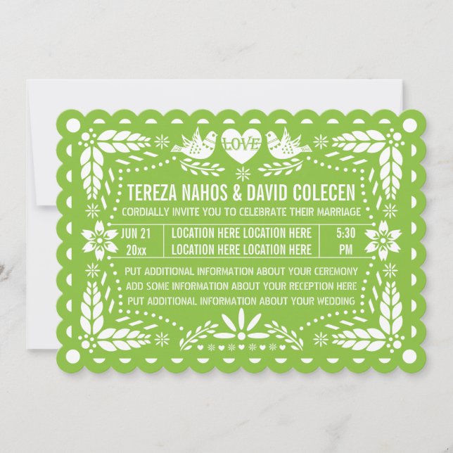 Papel picado style love birds green fiesta wedding invitation (Front)