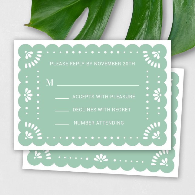 Papel Picado Style Mexican RSVP Card (Modern Papel Picado RSVP Card In Mint)