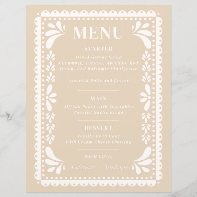 Papel Picado Wedding Menu Modern Mexican Theme (Front)