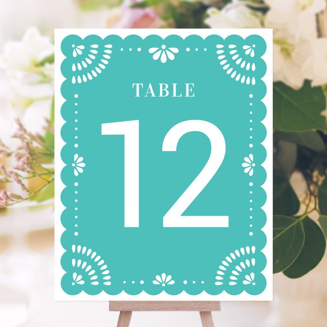 Papel Picado Wedding Table Number, Turquoise (Mexican Papel Picado Table Number)