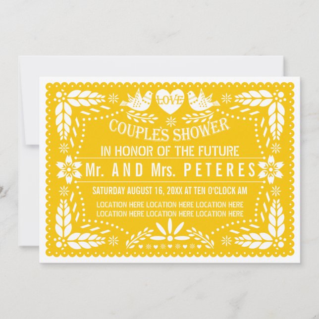 Papel picado yellow wedding couples shower invitation (Front)