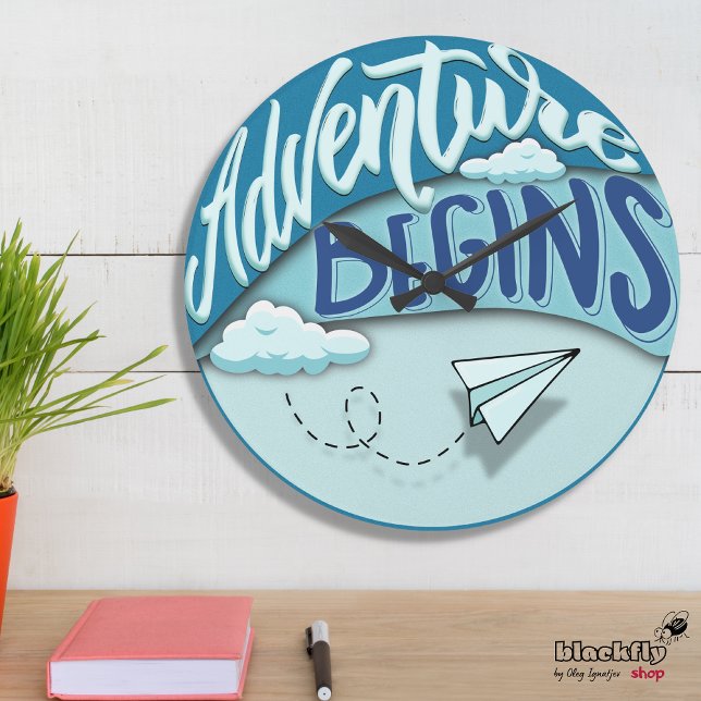 Paper aeroplane | Adventure begins Large Clock (Creator Uploaded)