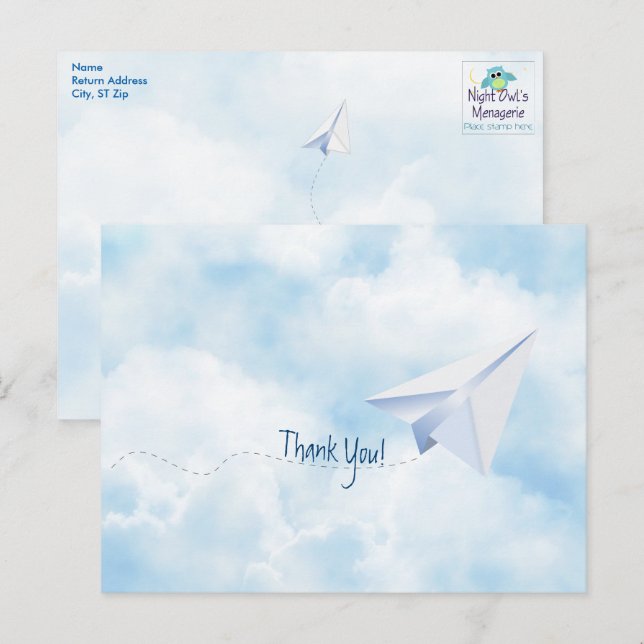 Paper Aeroplane Baby Shower Thank You Postcard (Front/Back)