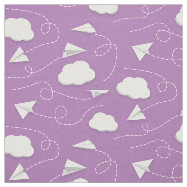 paper aeroplanes flying between clouds lavender fabric (Swatch)
