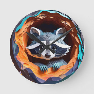 Paper Art Baby Racoon In Tree 3D Round Clock