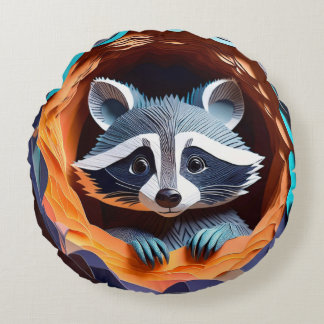 Paper Art Baby Racoon In Tree 3D Round Cushion
