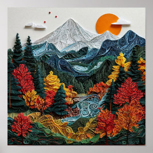 Paper art of a mountain with trees poster