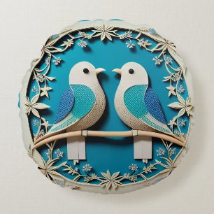 Paper Art of Two Birds with Floral Motifs Round Cushion