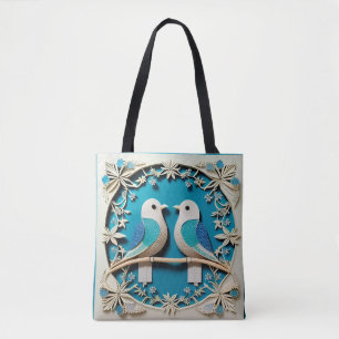 Paper Art of Two Birds with Floral Motifs Tote Bag
