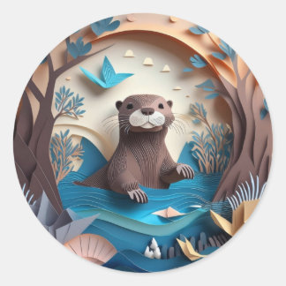 Paper Art Origami Otter in Water 3D Classic Round Sticker