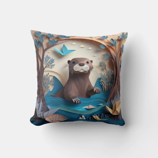 Paper Art Origami Otter in Water 3D Cushion (Front)