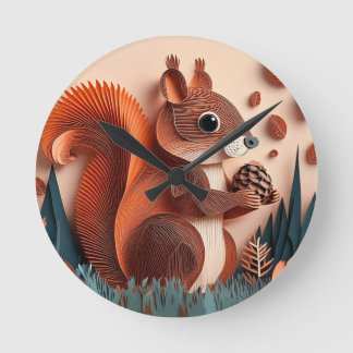 Paper Art Squirrel Holding a Nut 3D Round Clock