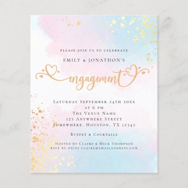 PAPER Blue Pink Watercolor Heart Script Engagement (Front)