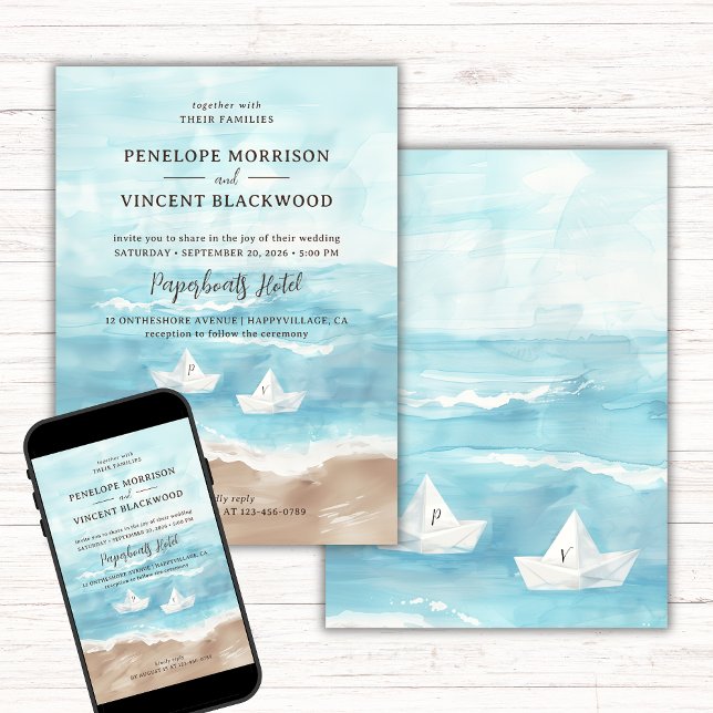 Paper Boats on Sea Beach Wedding Invitation (Creator Uploaded)