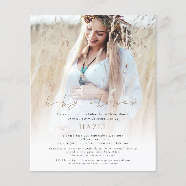 PAPER Boho Photo Overlay Gold Script Baby Shower (Front)
