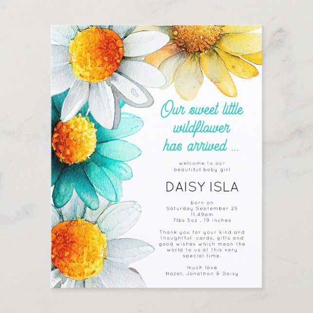 PAPER Boho Wildflower Thank You Birth Announcment (Front)