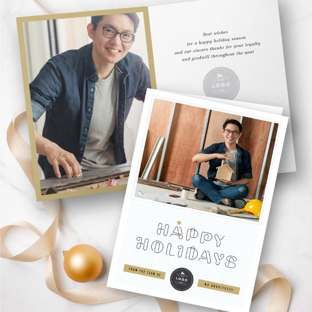 Paper Clips Happy Holidays Blue Grids Business Holiday Card (Creator Uploaded)