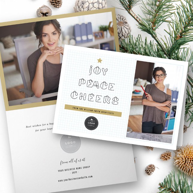 Paper Clips Joy Peace Cheers Blue Grids Corporate Holiday Card (Creator Uploaded)