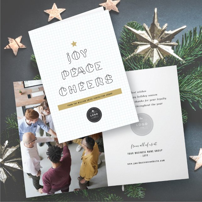 Paper Clips Joy Peace Cheers Blue Grids Corporate  Holiday Card (Creator Uploaded)