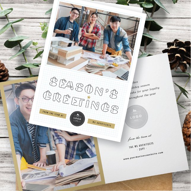 Paper Clips Season's Greetings Blue Grids Business Holiday Card (Creator Uploaded)