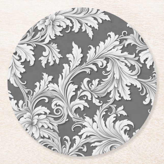 Paper Coaster Damask Design Grey Black & White  (Front)