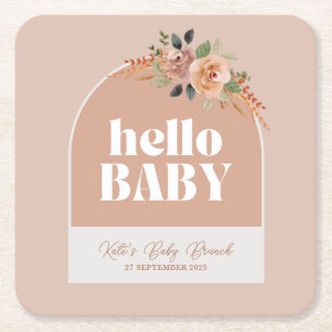 Paper Coaster, Hello Baby, Boho Modern Baby Shower Square Paper Coaster