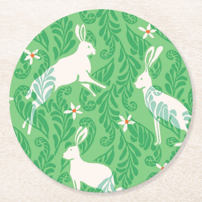 Paper Coaster in spring green rabbits and ferns (Front)