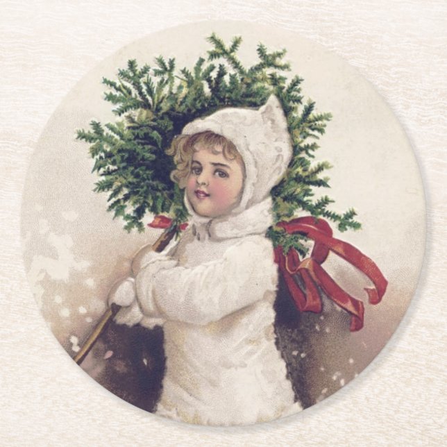 PAPER COASTER : VINTAGE : GIRL + CHRISTMAS TREE (Front)
