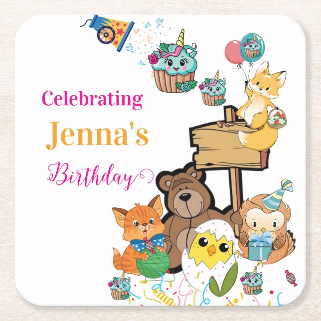 Paper Coasters Happy Birthday Fox Bird Chicks Bear (Front)