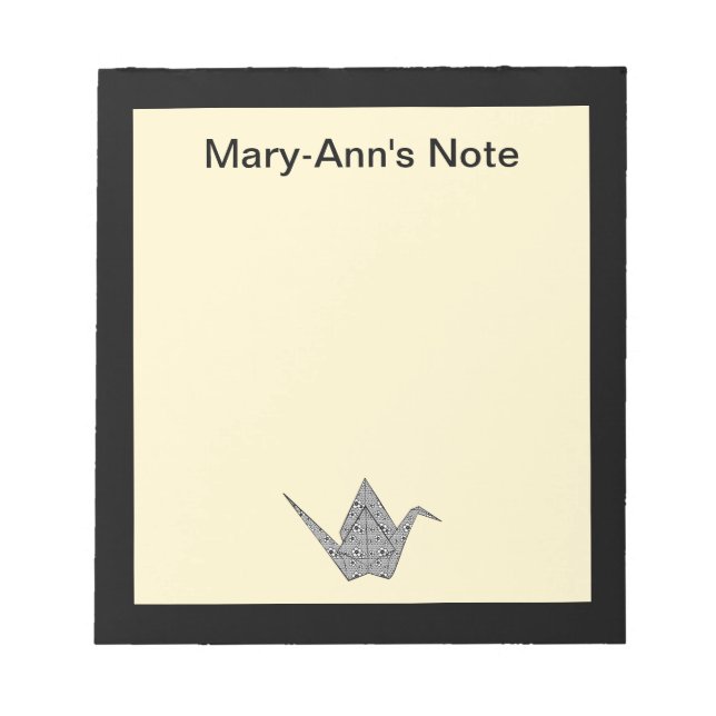 Paper crane with black hearts and flowers pattern notepad (Front)