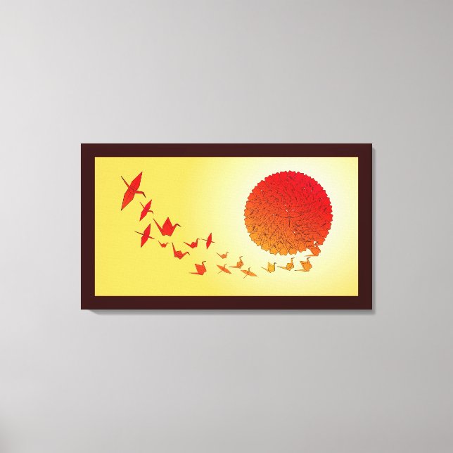 Paper cranes forming into the rising sun. canvas print (Front)