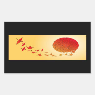 Paper cranes forming into the rising sun. rectangular sticker