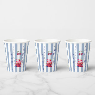 Paper Cup Blue & White Stripe Birthday